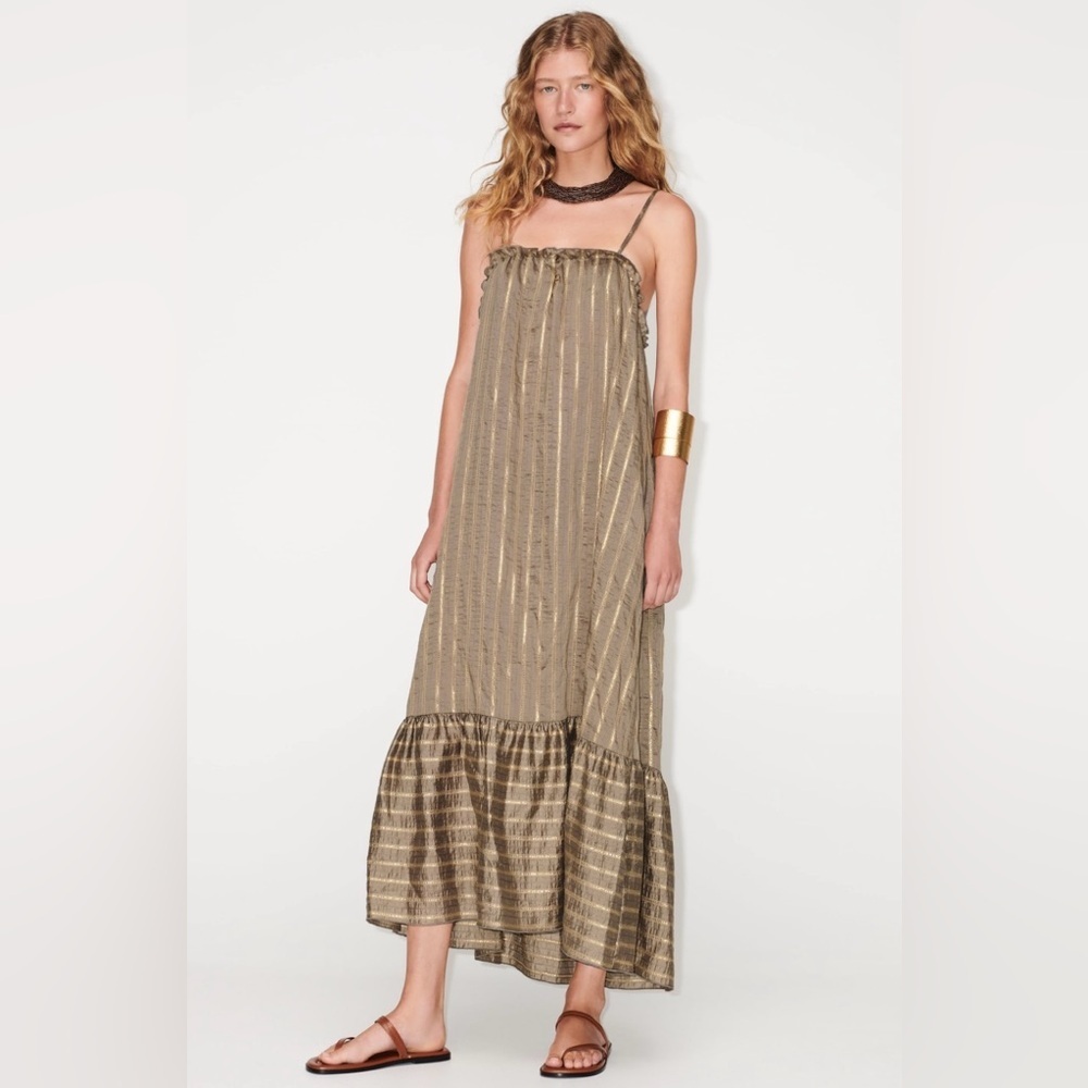 Zara Metallic Gold Striped Maxi Dress